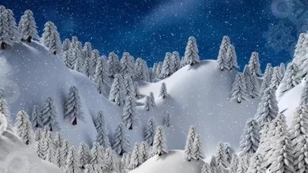 Animación Nieve Cayendo Sobre Abetos Paisaje Invierno Navidad Tradición Concepto — Vídeos de Stock