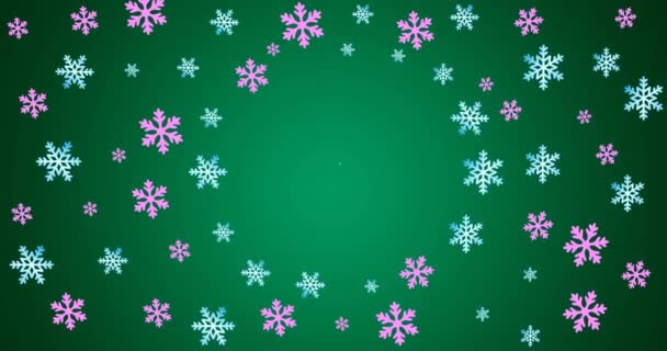 Animacja Płatków Śniegu Świąteczne Pozdrowienia Zielonym Tle Boże Narodzenie Tradycja — Wideo stockowe
