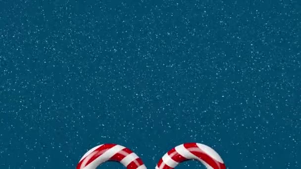 Animation Snow Falling Candy Canes Blue Background Christmas Winter Tradition — Stock Video