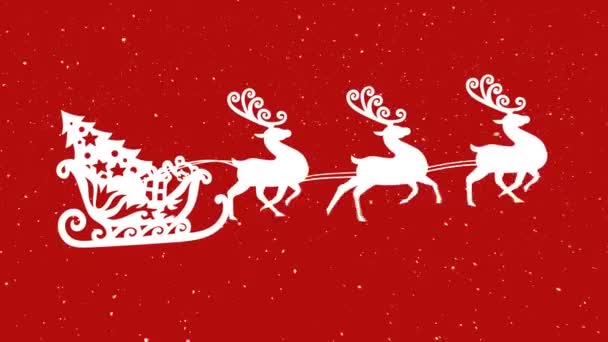 そりでクリスマスツリーの上に降る雪は 赤の背景に反射者によって引っ張られています クリスマス フェスティバルとお祝いのコンセプト — ストック動画