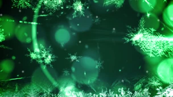 Animazione Neve Che Cade Sopra Decorazioni Bauble Natale Sfondo Verde — Video Stock