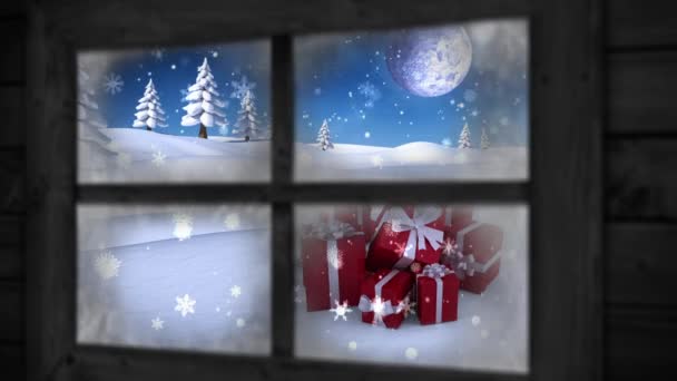 贈り物や冬の風景の窓の景色のアニメーション 窓からの眺めとクリスマスの装飾のアニメーション クリスマス 伝統とお祝いのコンセプトデジタルで生成されたビデオ — ストック動画