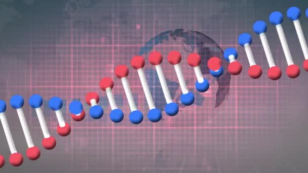 Animation Dna Strand Rotating Heart Rate Monitor Globe Graph Data — Stock Video