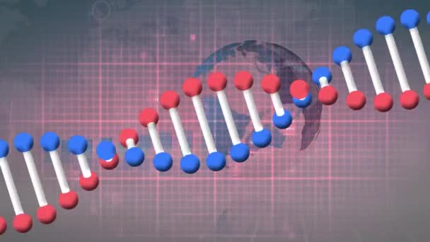 Animação Fita Dna Girando Sobre Monitor Frequência Cardíaca Globo Gráfico — Vídeo de Stock