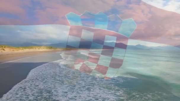 Animáció Zászló Horvát Integetett Strand Táj Tenger Felhős Kék Patriotizmus — Stock videók