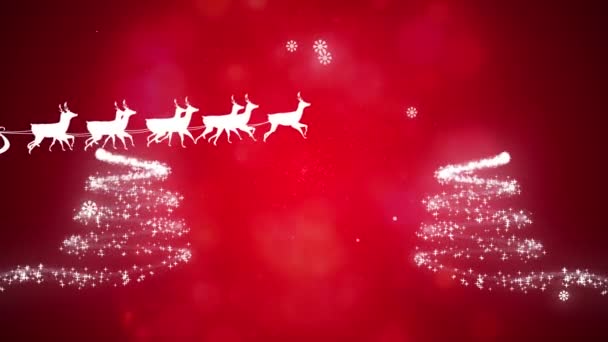 Animation Von Weihnachtsbaum Und Weihnachtsmann Schlitten Mit Rentieren Auf Rotem — Stockvideo