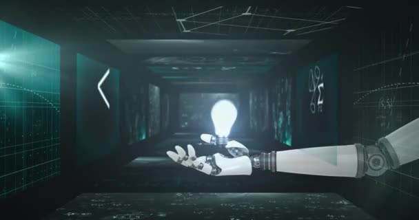 Animering Glödande Glödlampa Över Robotens Arm Och Databehandling Skärmar — Stockvideo