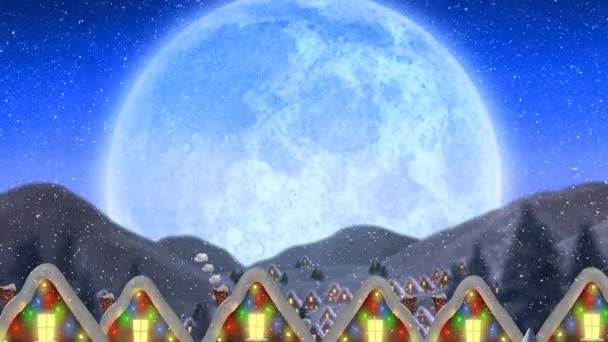Animación Nieve Cayendo Sobre Casas Cubiertas Nieve Decoradas Con Luces — Vídeo de stock