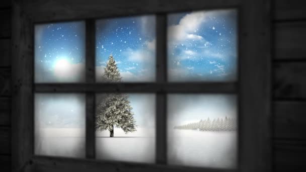 Animación Vista Ventana Del Árbol Navidad Paisaje Invierno Animación Vista — Vídeos de Stock