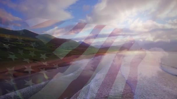 Animation Flagga Usa Blåser Över Stranden Landskap Resor Semester Patriotism — Stockvideo