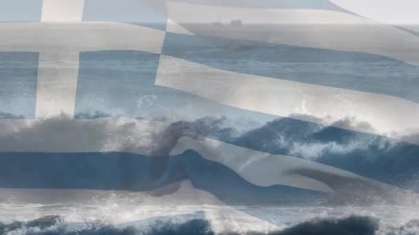 Animación Bandera Grecia Soplando Sobre Paisaje Marino Playa Viajes Vacaciones — Vídeos de Stock