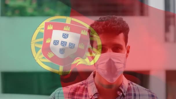 Animation Flag Portugal Waving Man Wearing Face Mask Covid Pandemic — Stock Video