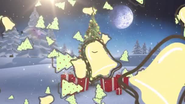 Animación Árboles Navidad Campanas Que Caen Sobre Paisaje Invernal Navidad — Vídeo de stock