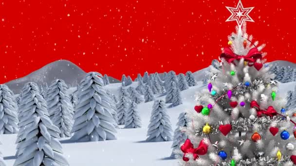 Animatie Van Het Winterlandschap Met Dennenbomen Rode Achtergrond Kerstmis Winter — Stockvideo