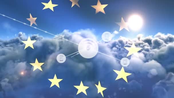 Ikonok Wifivel Való Összeköttetéseinek Animációja Európai Uniós Zászló Felhők Felett — Stock videók