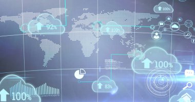 Dünya haritasında yükselen sayılar ve oklarla mavi bulutların görüntüsü. dijital arayüz küresel bağlantılar kavramı dijital olarak oluşturulmuş görüntü.