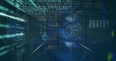 Dijital ekranlar üzerinden tarama ve veri işleme görüntüsü. küresel bağlantılar, teknoloji ve dijital arayüz kavramı dijital olarak oluşturulmuş görüntü.