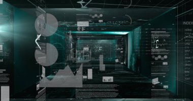 Siyah arkaplana karşı istatistiksel veri işlemesine karşı yüzen matematiksel denklemler. bilgisayar arayüzü ve teknoloji kavramı