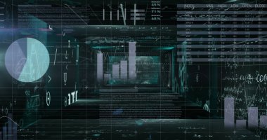 Siyah arkaplana karşı istatistiksel veri işlemesine karşı yüzen matematiksel denklemler. bilgisayar arayüzü ve teknoloji kavramı