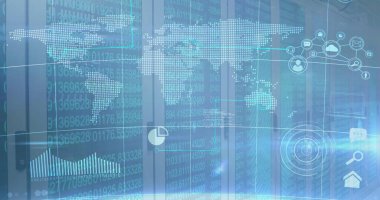 Boş bir sunucu odasının üzerinde grafikler olan bir dünya haritası. dijital arayüz küresel bağlantılar kavramı dijital olarak oluşturulmuş görüntü.