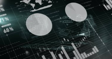 Siyah arkaplana karşı istatistiksel veri işlemesine karşı yüzen matematiksel denklemler. bilgisayar arayüzü ve teknoloji kavramı