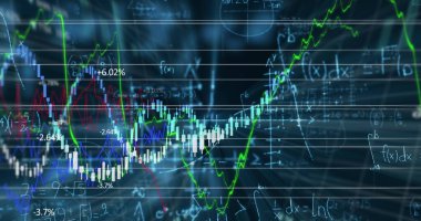 Borsa bilgisinin resmi, matematiksel formüller, veri işleme ve dijital bilgi akışı. 