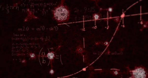 Matematik Formülleriyle Yüzen Makro Covid Hücrelerinin Görüntüsü Coronavirus Covid Pandemik — Stok fotoğraf