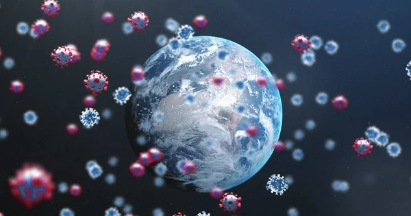 Obraz Wielu Covid Komórek Koronawirusowych Unoszących Się Nad Planetą Ziemia — Zdjęcie stockowe