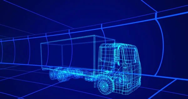 蓝色卡车3D技术绘图图像 背景为移动网格 — 图库照片