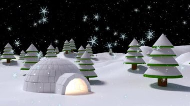 Kış manzarasında igloo üzerine düşen karın animasyonu. Noel, kış, gelenek ve kutlama konsepti dijital olarak oluşturulmuş video.