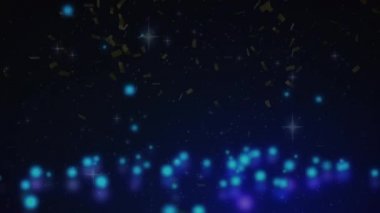 Konfeti animasyonu ve siyah arka planda parlayan mavi lekeler. Noel, kış, gelenek ve kutlama konsepti dijital olarak oluşturulmuş video.