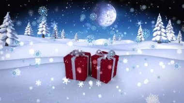 Kış mevsiminde, Noel 'in üzerine düşen kar animasyonu hediyeler sunar. Noel, kış, gelenek ve kutlama konsepti dijital olarak oluşturulmuş video.