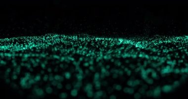 Siyah arka planda hareket eden yeşil dijital dalganın dijital animasyonu. Soyut doku kavramına sahip teknoloji arkaplanı
