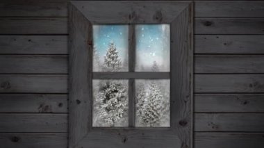 Pencere manzarası animasyonu Noel ağacı ve kış manzarası. Pencere manzarası ve Noel dekorasyonu animasyonu. Noel, kış, gelenek ve kutlama konsepti dijital olarak oluşturulmuş video.