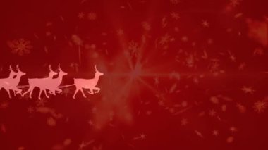 Noel Baba 'nın kızakta ren geyiği ve kırmızı filtreli arka planda yağan karla canlandırması. Noel, kış, gelenek ve kutlama konsepti dijital olarak oluşturulmuş video.