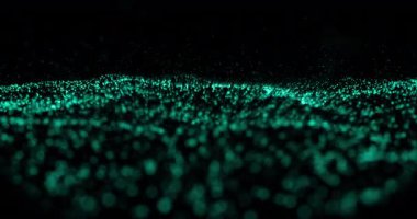 Siyah arkaplan üzerinde hipnotik hareketlerle parlayan yeşil örgü hareketinin animasyonu. renk, ışık ve hareket dijital olarak oluşturulmuş video.