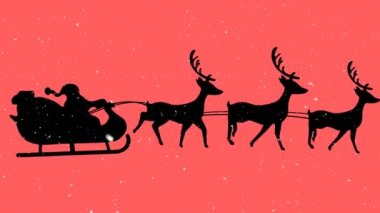 Noel Baba 'nın siluetinin üzerine düşen kar, turuncu arka planda ren geyikleri tarafından çekiliyor. Noel şenliği ve kutlama konsepti