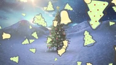 Kış manzarasına düşen Noel çanları animasyonu. Noel, kış, gelenek ve kutlama konsepti dijital olarak oluşturulmuş video.