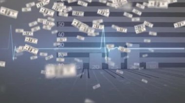 Gri renkte, kırmızı ok ve kalp atış hızı monitörüyle grafikte yükselen dolarların animasyonu. küresel ekonomi, dijital arayüz ve finansal veri kavramı dijital olarak oluşturulmuş video.