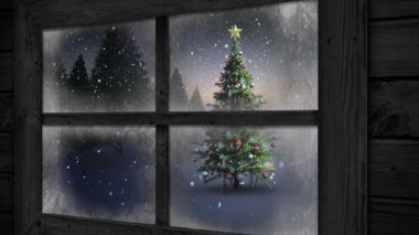 Pencere manzarası animasyonu Noel ağacı ve kış manzarası. Pencere manzarası ve Noel dekorasyonu animasyonu. Noel, kış, gelenek ve kutlama konsepti dijital olarak oluşturulmuş video.