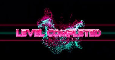 Renkli havai fişekler üzerine tamamlanmış metin animasyonu. Video oyunu, eğlence ve dijital arayüz kavramı dijital olarak oluşturuldu.