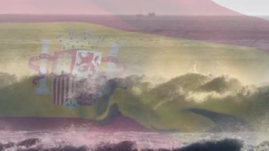 Sahilde dalgalanan İspanya bayrağının animasyonu. seyahat, tatiller, vatanseverlik ve dijital olarak üretilen video konsepti.