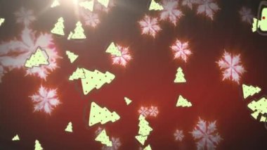 Kırmızı arka planda düşen yılbaşı ağaçları ve kar animasyonları. Noel, kış, gelenek ve kutlama konsepti dijital olarak oluşturulmuş video.