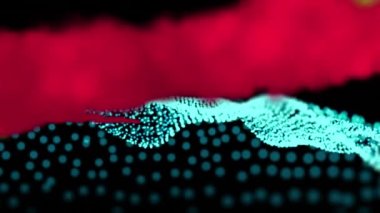 Siyah üzerine mavi noktaların dalgalı çevresi üzerinde sarı ve kırmızı duman izlerinin animasyonu. teknoloji, değişim, hareket ve enerji konsepti dijital olarak oluşturulmuş video.