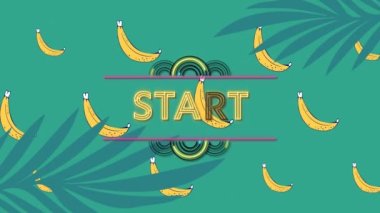 Başlangıç metninin bitkiler ve muzlar üzerinden canlandırılması. arka plan sosyal medya ve iletişim konsepti dijital olarak oluşturulmuş video.