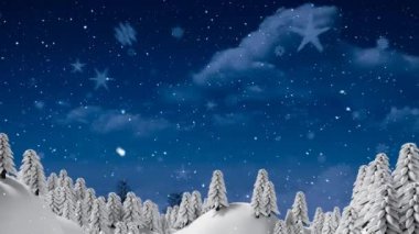 Köknar ağaçlarıyla kış manzarasının animasyonu. Noel, kış, gelenek ve kutlama konsepti dijital olarak oluşturulmuş video.