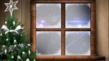 Noel ağacı ve ahşap pencere çerçevesi dijital dalgaya ve mavi arka planda ışık lekelerine karşı. Noel şenliği ve kutlama konsepti