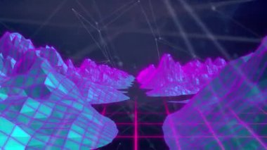 Şebeke ve dağların üzerindeki bağlantı ağının animasyonu ortaya çıkar. küresel bağlantılar, dijital arayüz, teknoloji ve ağ konsepti dijital olarak oluşturulmuş video.