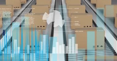 Taşıyıcı bantlardaki karton kutuların üzerinde veri işleme animasyonu. küresel sevkiyat, dağıtım ve alışveriş konsepti dijital olarak oluşturulmuş video.