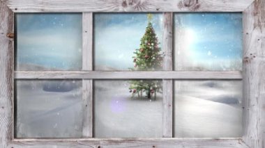 Pencere manzarası animasyonu Noel ağacı ve kış manzarası. Pencere manzarası ve Noel dekorasyonu animasyonu. Noel, kış, gelenek ve kutlama konsepti dijital olarak oluşturulmuş video.